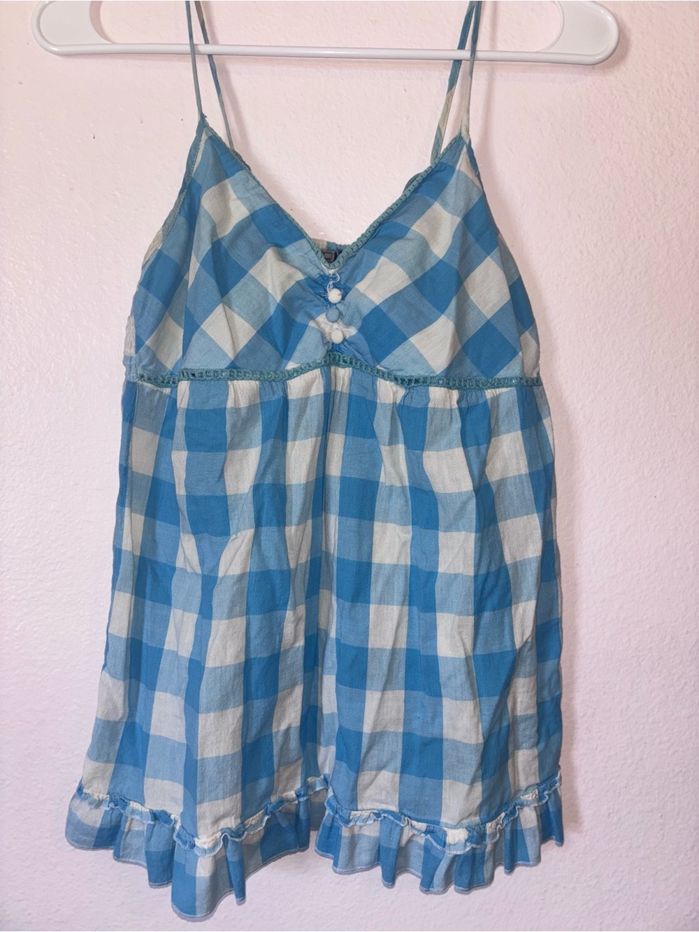 Y2K Woman’s Blue & White Gingham Spaghetti Strap Cami Tank Top, Size M